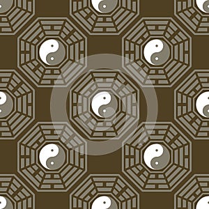 Seamless pattern with Yin and yang symbol with Bagua Trigrams