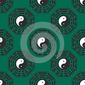 Seamless pattern with Yin and yang symbol with Bagua Trigrams