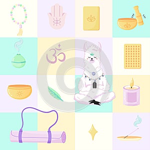 Seamless pattern of yoga lamas, meditations and singing bowls. For your fabric or design