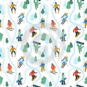 Seamless pattern with young people at mountain resort.