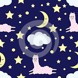 Seamless pattern with llama in the night sky - vector illustration, eps