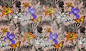 Seamless pattern of zebra and flowers.