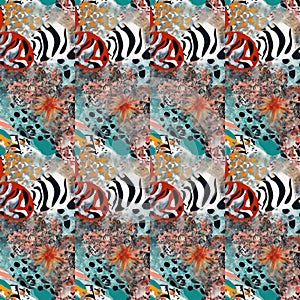 seamless pattern with zebra skin elements, stylized floral background, fashion print, decorative texture