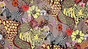 Seamless pattern of zebra and tiger.