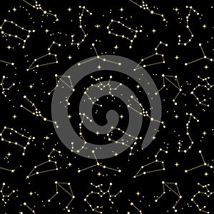 Seamless pattern, zodiac constellations and stars in outer space. Background, print vector