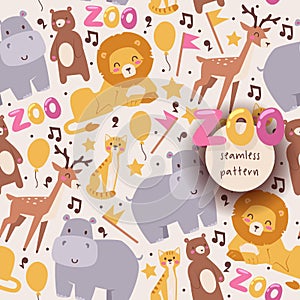 Seamless pattern with zoo animals, vector illustration. Lion, hippo, deer, bear and cat in cartoon style isolated on