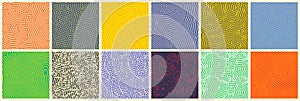Seamless patterns, abstract organic lines color backgrounds set. Biological patterns with yellow, purple and blue memphis dots