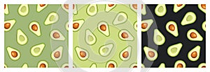 Seamless patterns with avocado slices. Set of vector seamless backgrounds