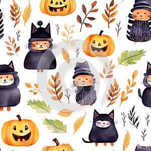Seamless patterns black cat, pumpkins and leaf in Halloween day theme. Watercolor illustration background, Generative AI