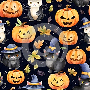 Seamless patterns black cat, pumpkins and leaf in Halloween day theme. Watercolor illustration background, Generative AI