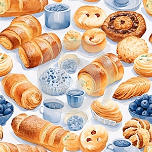 Seamless patterns of bread and bakery. Watercolor illustration background, Generative AI