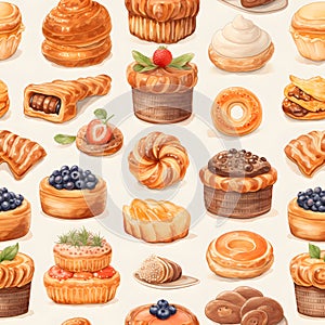 Seamless patterns of bread and bakery. Watercolor illustration background, Generative AI