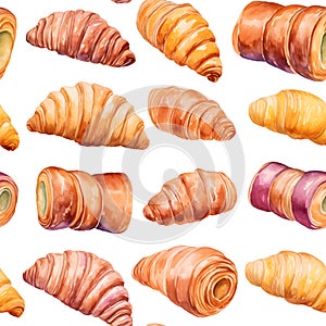 Seamless patterns of bread and bakery. Watercolor illustration background, Generative AI