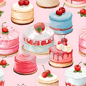 Seamless patterns of cake with fruits and berry. Watercolor illustration background, Generative AI