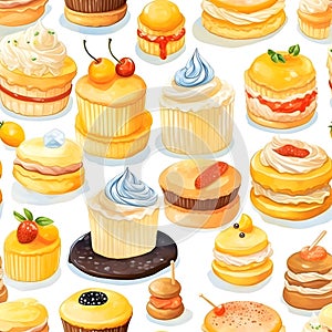 Seamless patterns of cake with fruits and berry. Watercolor illustration background, Generative AI