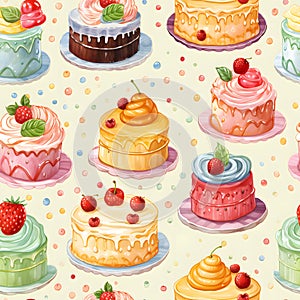 Seamless patterns of cake with fruits and berry. Watercolor illustration background, Generative AI