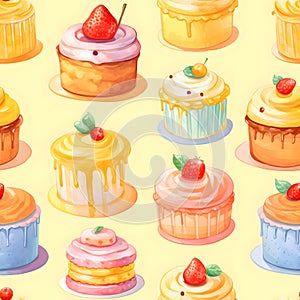 Seamless patterns of cake with fruits and berry. Watercolor illustration background, Generative AI