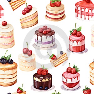 Seamless patterns of cake with fruits and berry. Watercolor illustration background, Generative AI