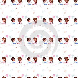 Seamless patterns. Childrens collection of ethnic people. Sitting cute dark-skinned children - a girl and a boy with balloons on a