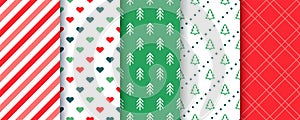 Seamless patterns. Christmas festive textures. Xmas backgrounds with stripes, trees, hearts and plaid