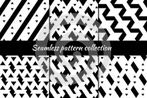 Seamless patterns collection. Figures, triangles, lines backgrounds set. Simple shapes ornaments. Folk backdrops kit