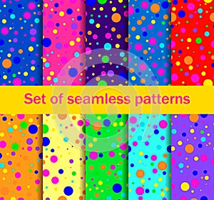 Seamless patterns with colored circles are randomly scattered. Bright colors, collection of ten backgrounds. Vector
