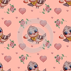 Seamless patterns. A cute bird - titmouse with a red belly and a yellow bow on the neck on a pink background with hearts and