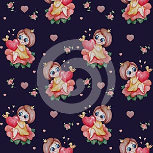 Seamless patterns. A cute princess girl with a hairstyle sits on a flower with a big heart in her hands on a black