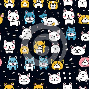 Seamless patterns of dogs cartoon drawing. Watercolor illustration background, Generative AI
