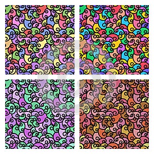 Seamless patterns with fabric texture. Spiral lines set colorful background