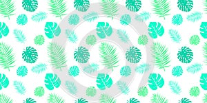 Seamless patterns with fabric texture. Tropical leaves on a white background.