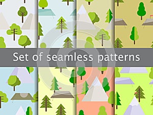 Seamless patterns with flat trees, tents and mountains. Adventures and trekking. Vector