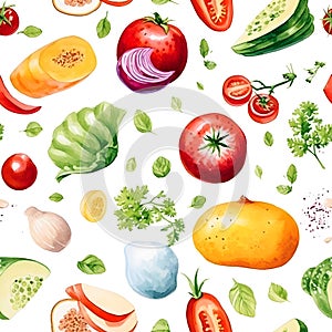 Seamless patterns of food, ingredients, fruits and vegetables. Watercolor illustration background, Generative AI