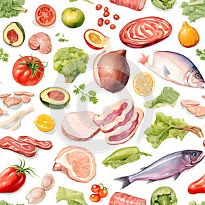 Seamless patterns of food, ingredients, fruits and vegetables. Watercolor illustration background, Generative AI