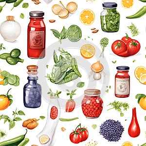 Seamless patterns of food, ingredients, fruits and vegetables. Watercolor illustration background, Generative AI