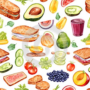 Seamless patterns of food, ingredients, fruits and vegetables. Watercolor illustration background, Generative AI