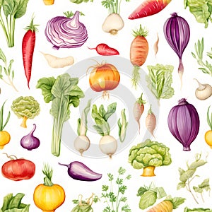 Seamless patterns of food, ingredients, fruits and vegetables. Watercolor illustration background, Generative AI