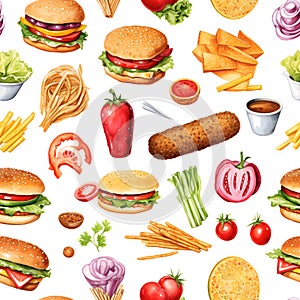 Seamless patterns of food, ingredients, fruits and vegetables. Watercolor illustration background, Generative AI