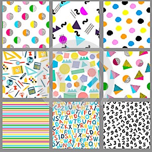 Seamless patterns. Geometric, alphabet, numeral, school backgrounds