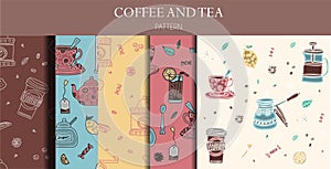 Seamless patterns of hand drawn coffee and tea doodles. A set of isolated vector drawings for tea drinking and making