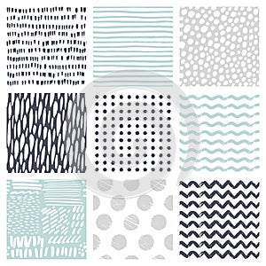 Seamless patterns with hand drawn scribble and spot. Abstract background with brush strokes. Vector texture.