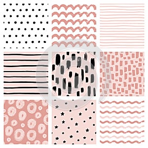 Seamless patterns with hand drawn scribble and spot. Abstract background with brush strokes. Vector texture.