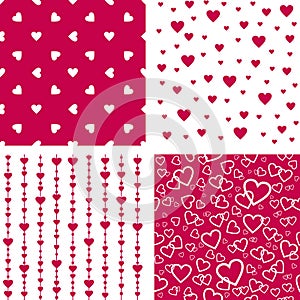 Seamless patterns with hearts. Valentine`s day, wedding party decorations set. Vector wrapping paper template