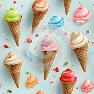 Seamless patterns ice cream cone. 3D watercolor illustration background, Generative AI