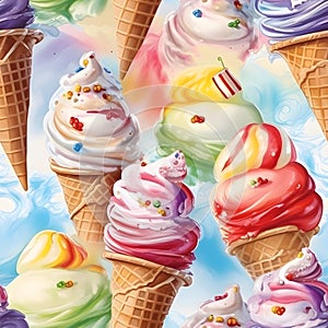 Seamless patterns ice cream cone. 3D watercolor illustration background, Generative AI