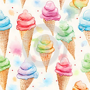 Seamless patterns ice cream cone. 3D watercolor illustration background, Generative AI