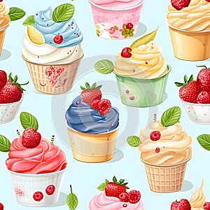 Seamless patterns of ice cream with fruits and berry. Watercolor illustration background, Generative AI