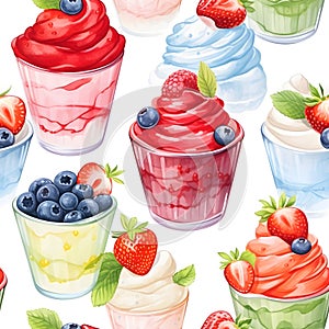 Seamless patterns of ice cream with fruits and berry. Watercolor illustration background, Generative AI