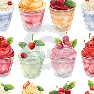 Seamless patterns of ice cream with fruits and berry. Watercolor illustration background, Generative AI