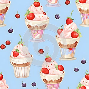 Seamless patterns of ice cream with fruits and berry. Watercolor illustration background, Generative AI